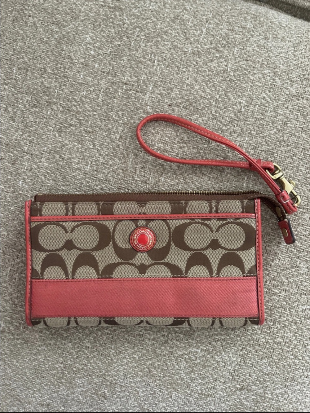 Coach Brown Signature Canvas Wristlet with Coral Trim